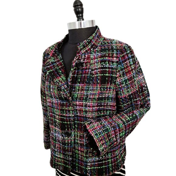 Talbots Sz 14 Petite Nehru Cropped Wool Blend Blazer Multi-Color Textured Tweed - Picture 3 of 14
